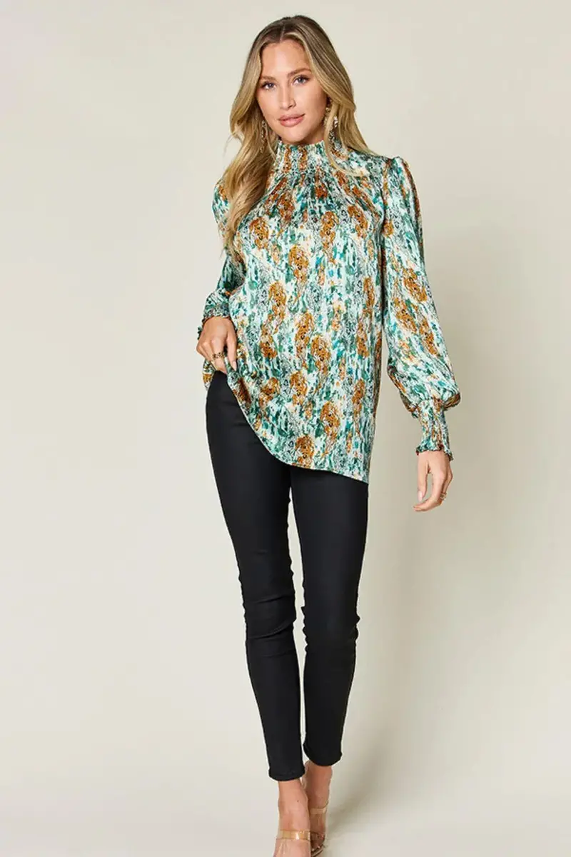 Printed Smocked Long Sleeve Blouse 15