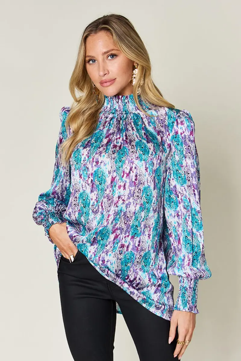 Printed Smocked Long Sleeve Blouse 2