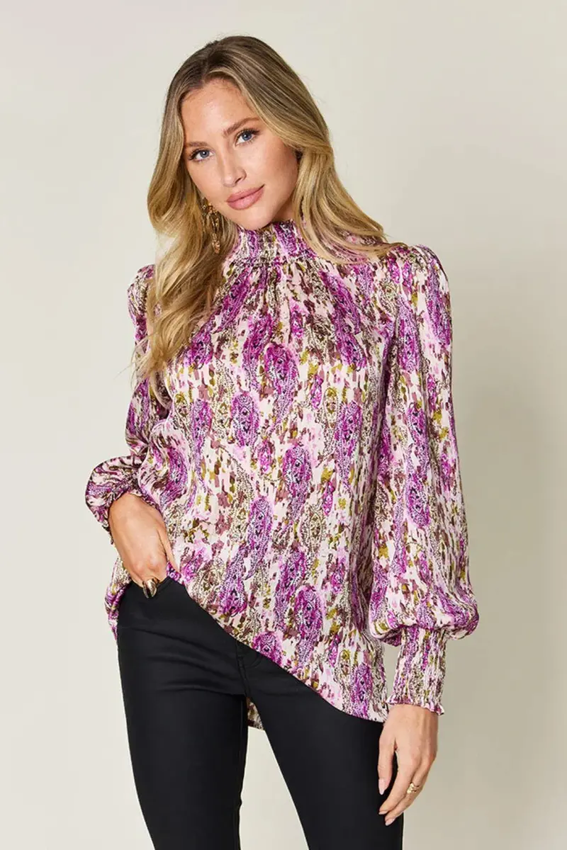 Printed Smocked Long Sleeve Blouse 7