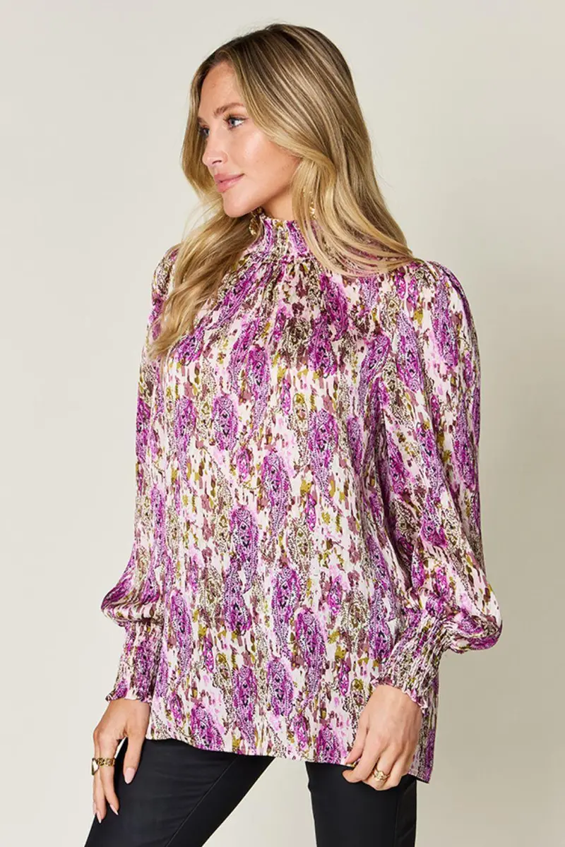 Printed Smocked Long Sleeve Blouse 7