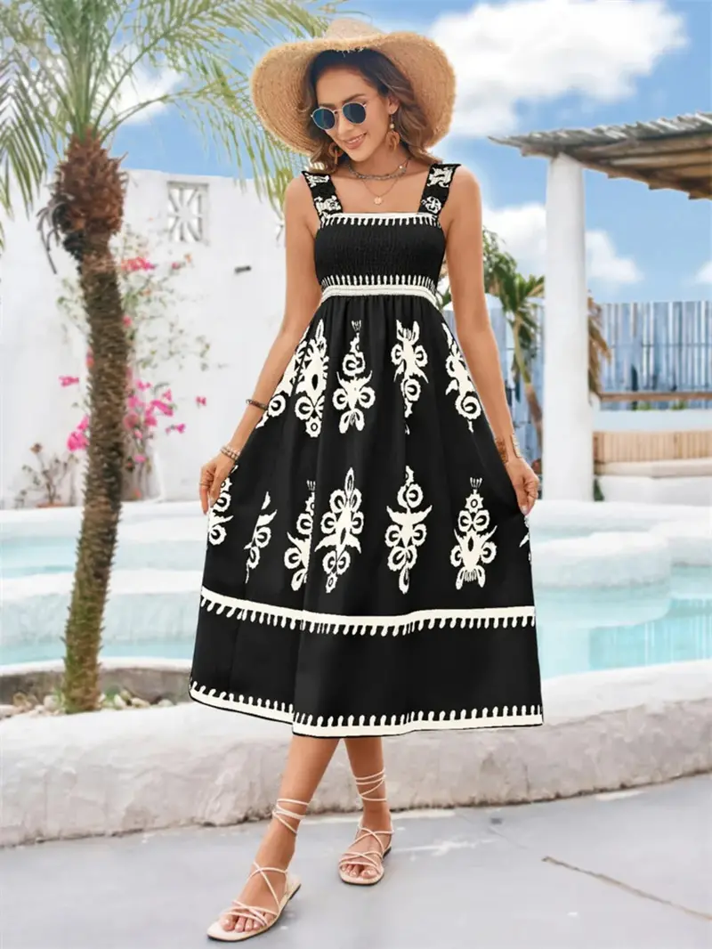 Printed Square Neck Wide Strap Midi Dress 1