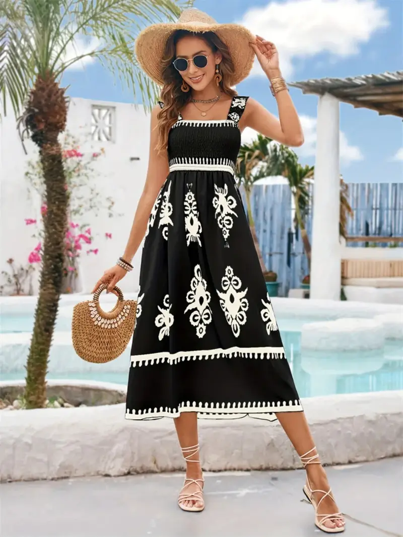 Printed Square Neck Wide Strap Midi Dress 3