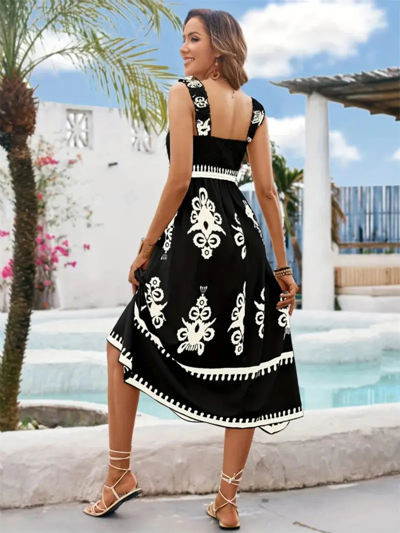 Printed Square Neck Wide Strap Midi Dress 4