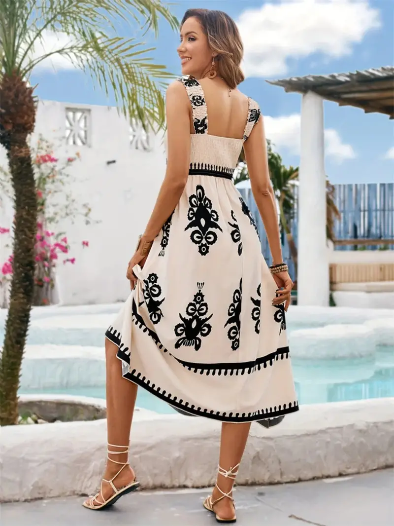 Printed Square Neck Wide Strap Midi Dress 7