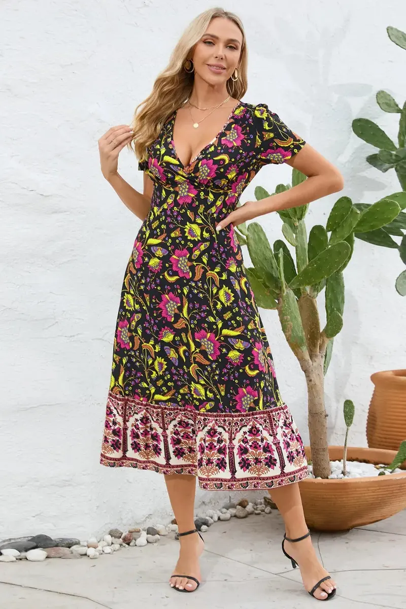 Printed Surplice Short Sleeve Dress 1