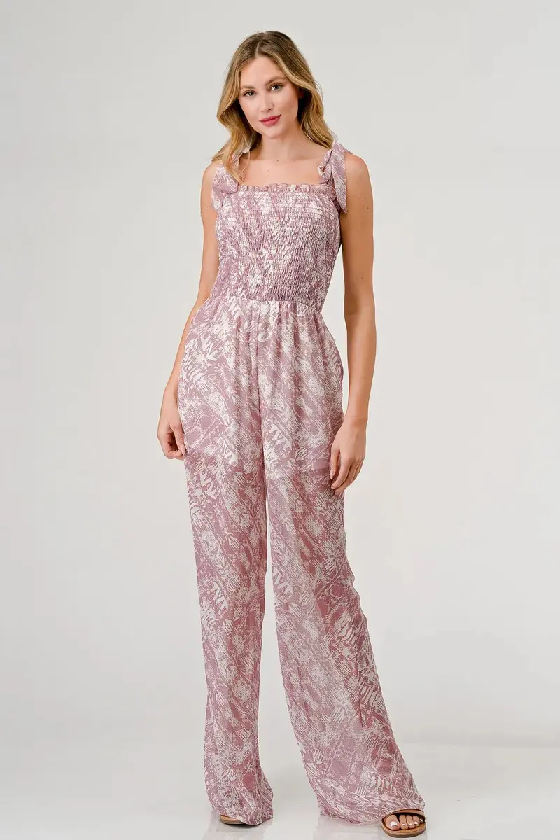 Printed Tie Shoulder Wide Leg Jumpsuit 1