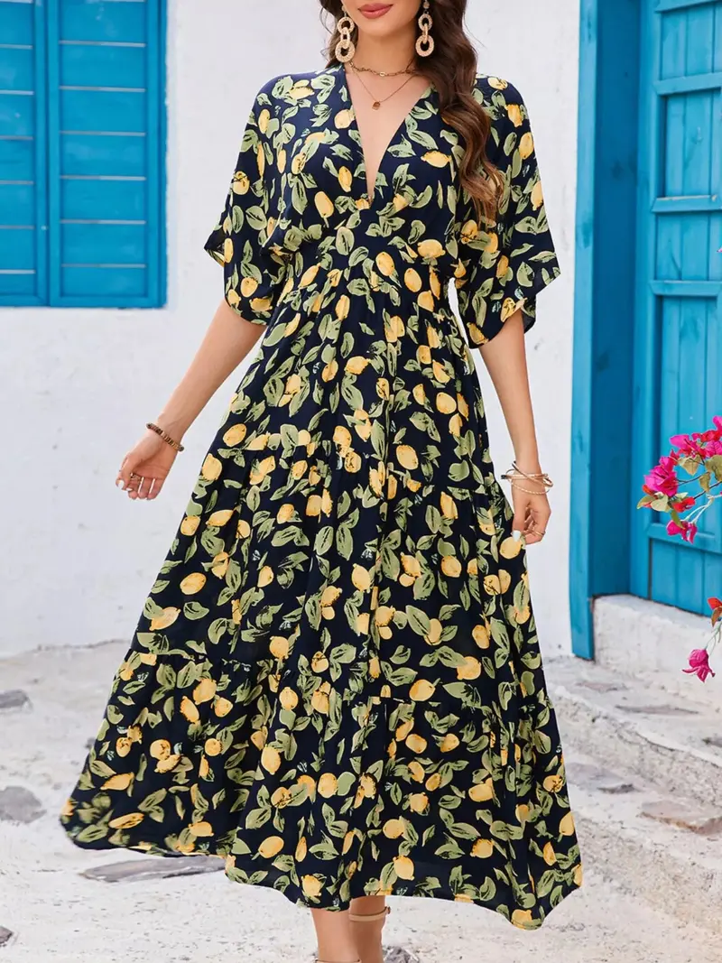 Printed V-Neck Ruffle Hem Flowy Midi Dress 1