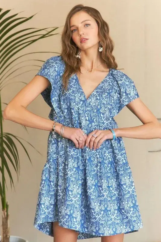 Printed V-Neck Ruffle Sleeve Mini Dress 1
