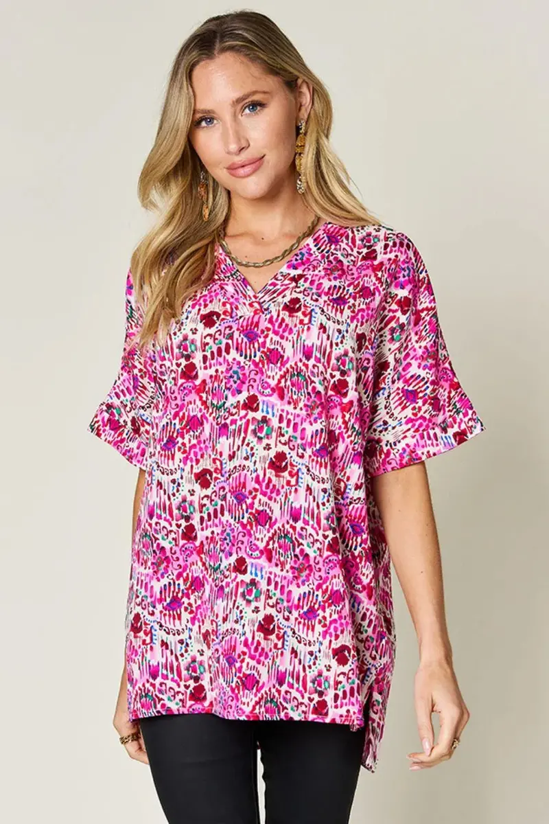 Printed V-Neck Short Sleeve Blouse 1