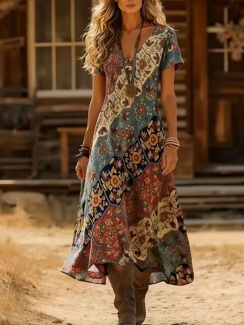 Printed V-Neck Short Sleeve Midi Dress 1
