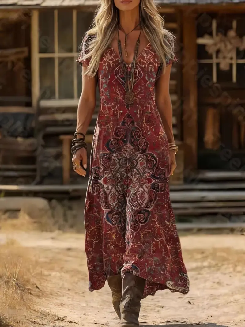 Printed V-Neck Short Sleeve Midi Dress 1