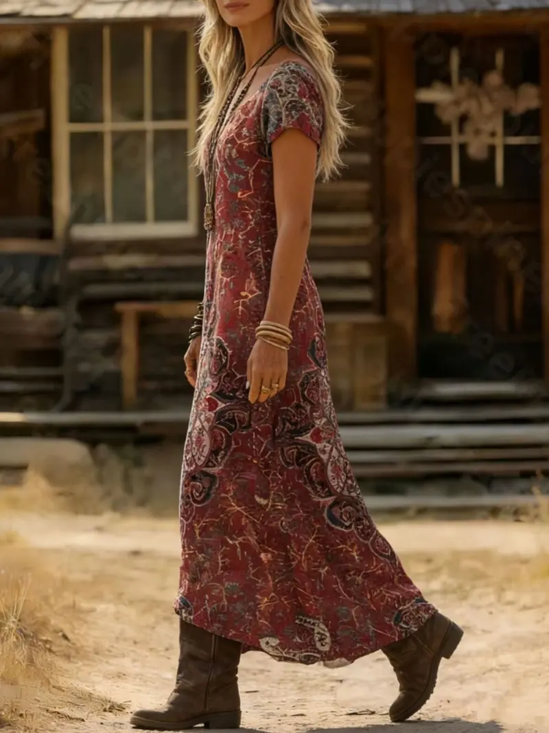 Printed V-Neck Short Sleeve Midi Dress 4