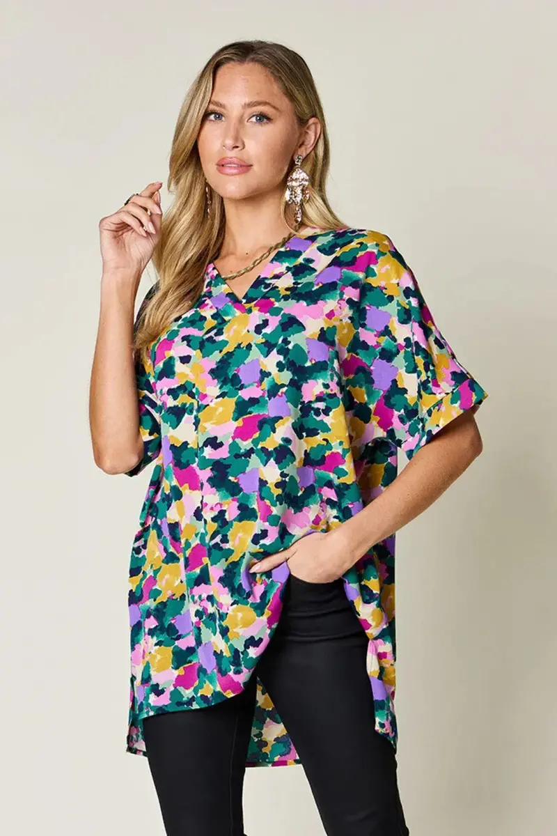 Printed V-Neck Short Sleeve Side Slit Top 1