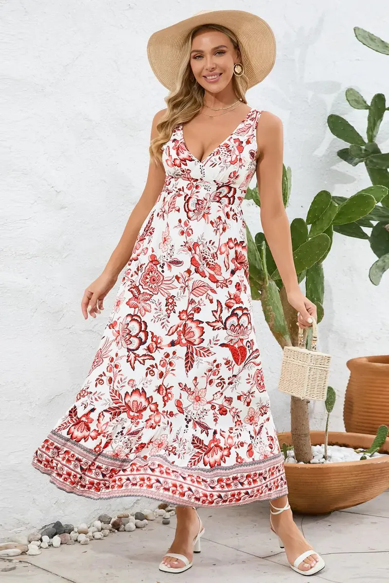 Printed V-Neck Wide Strap Dress 2