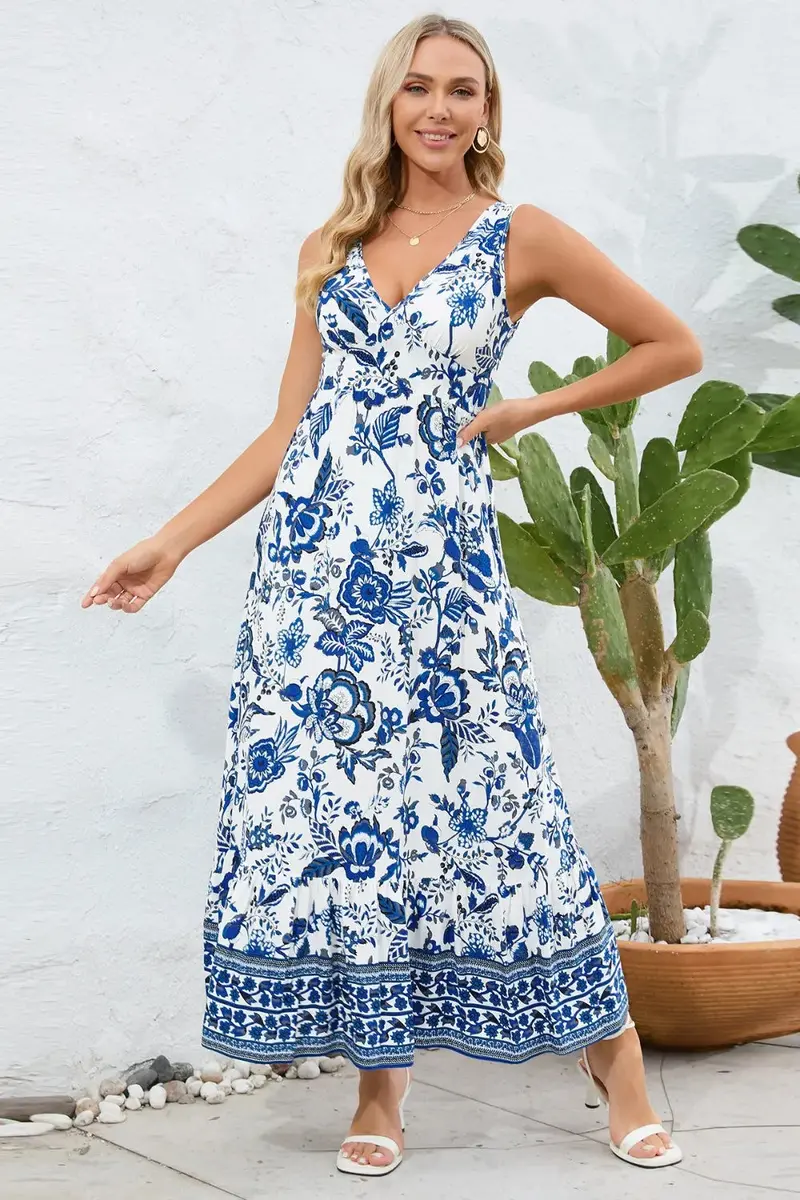 Printed V-Neck Wide Strap Dress 6