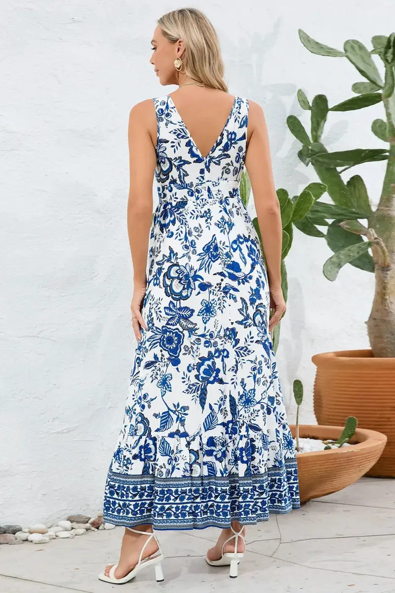 Printed V-Neck Wide Strap Dress 8