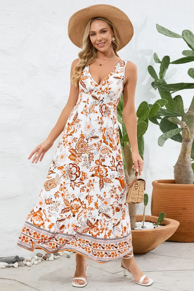 Printed V-Neck Wide Strap Dress 9