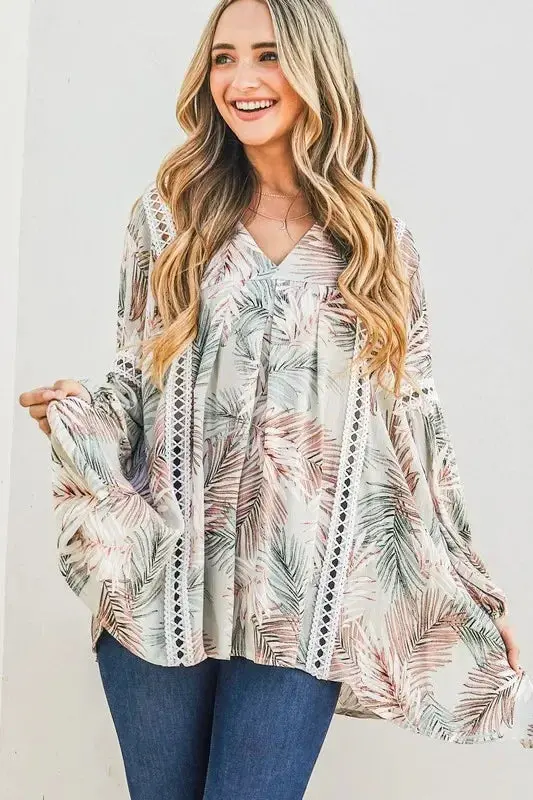 Printed With Lace Trim Casual Tunic Top 1
