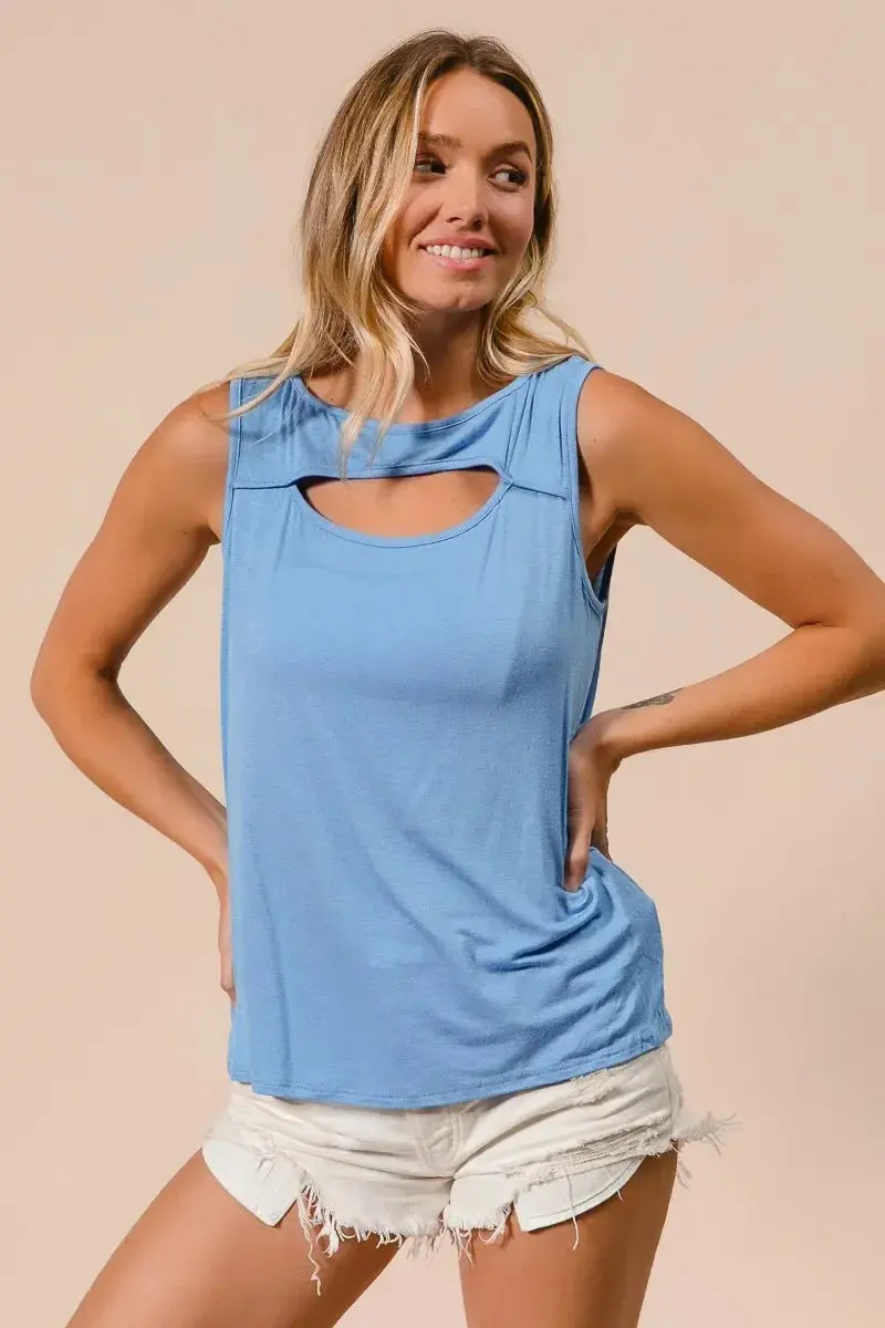 Rayon Span Knit With Cut Out Front Sleeveless Top 1