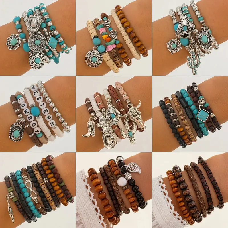 Retro Ethnic Style Bull Head Turquoise Beaded Elastic Bracelet 1