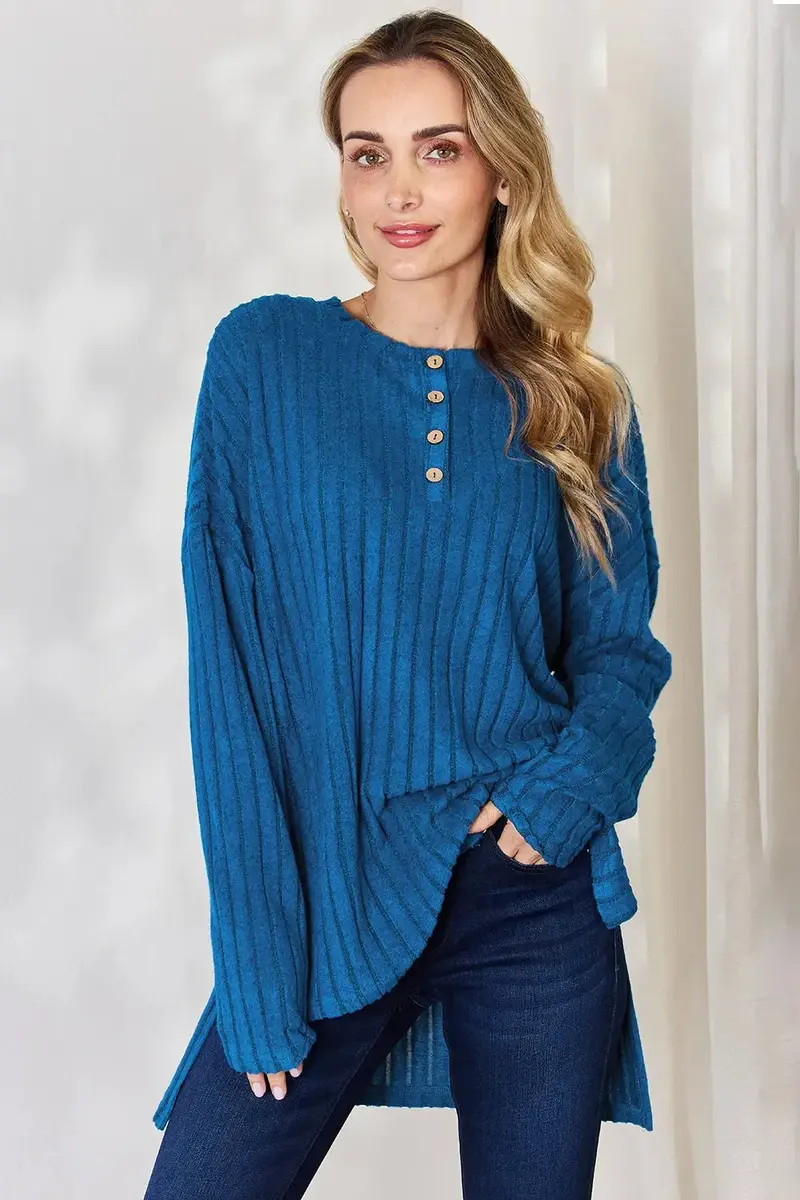 Ribbed Half Button Long Sleeve High-Low T-Shirt 1