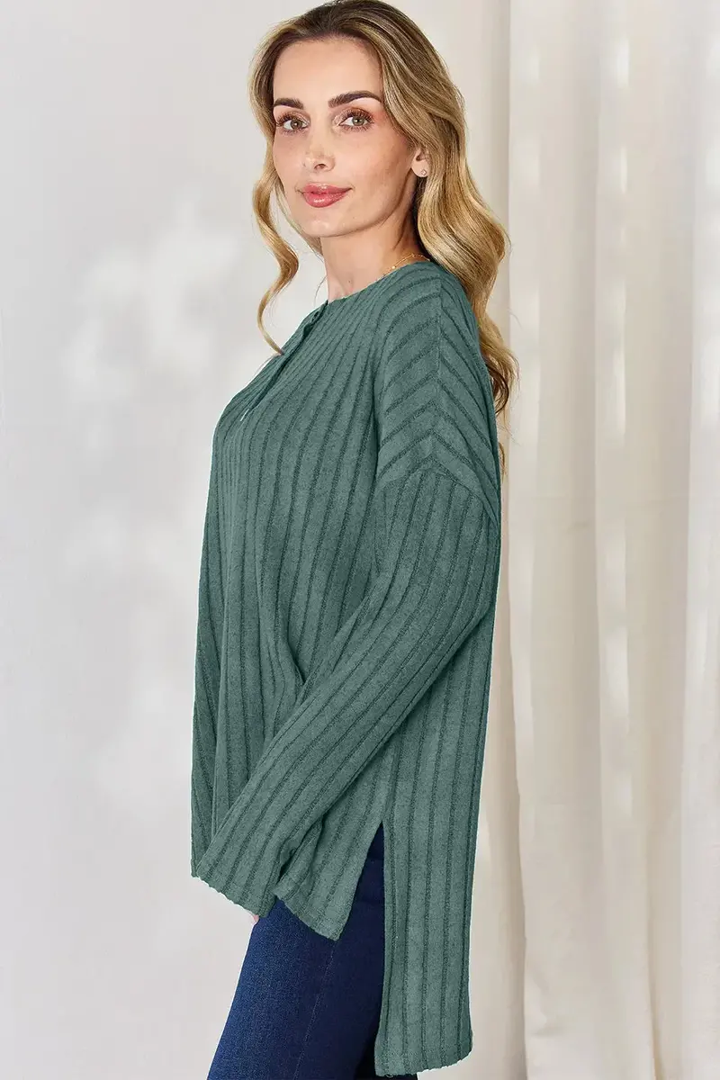 Ribbed Half Button Long Sleeve High-Low T-Shirt 10