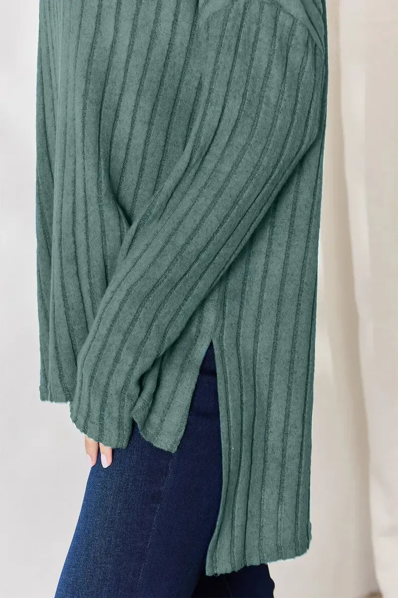 Ribbed Half Button Long Sleeve High-Low T-Shirt 11