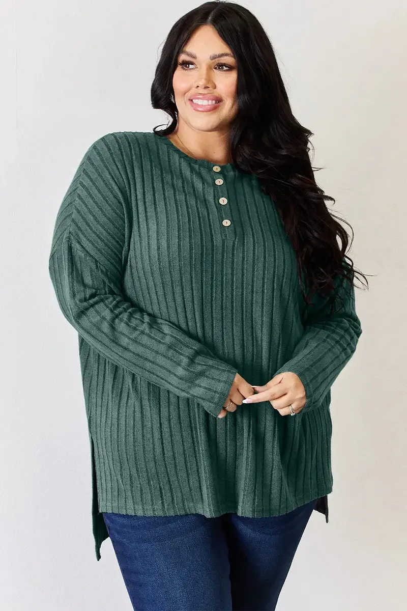 Ribbed Half Button Long Sleeve High-Low T-Shirt 12