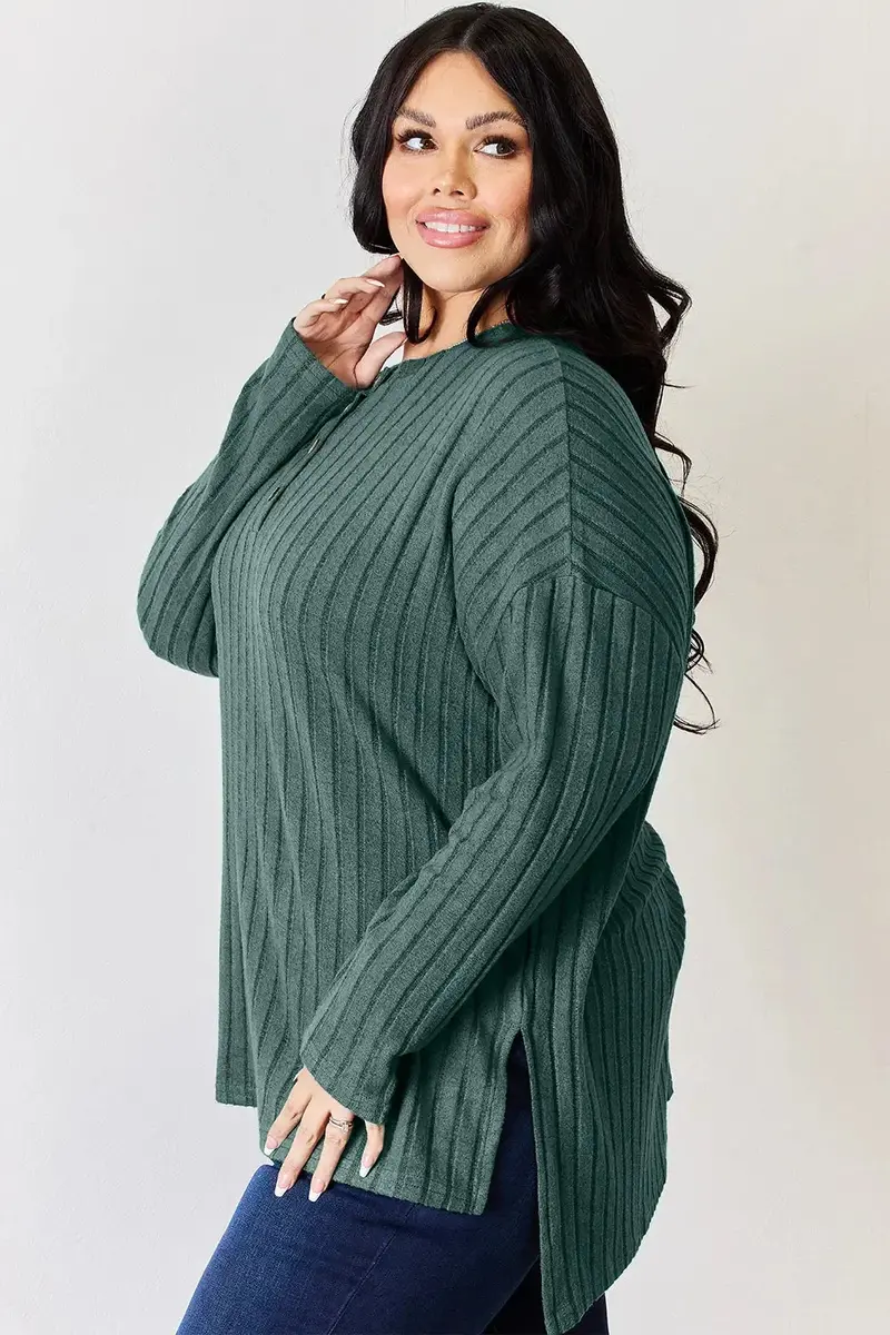 Ribbed Half Button Long Sleeve High-Low T-Shirt 13