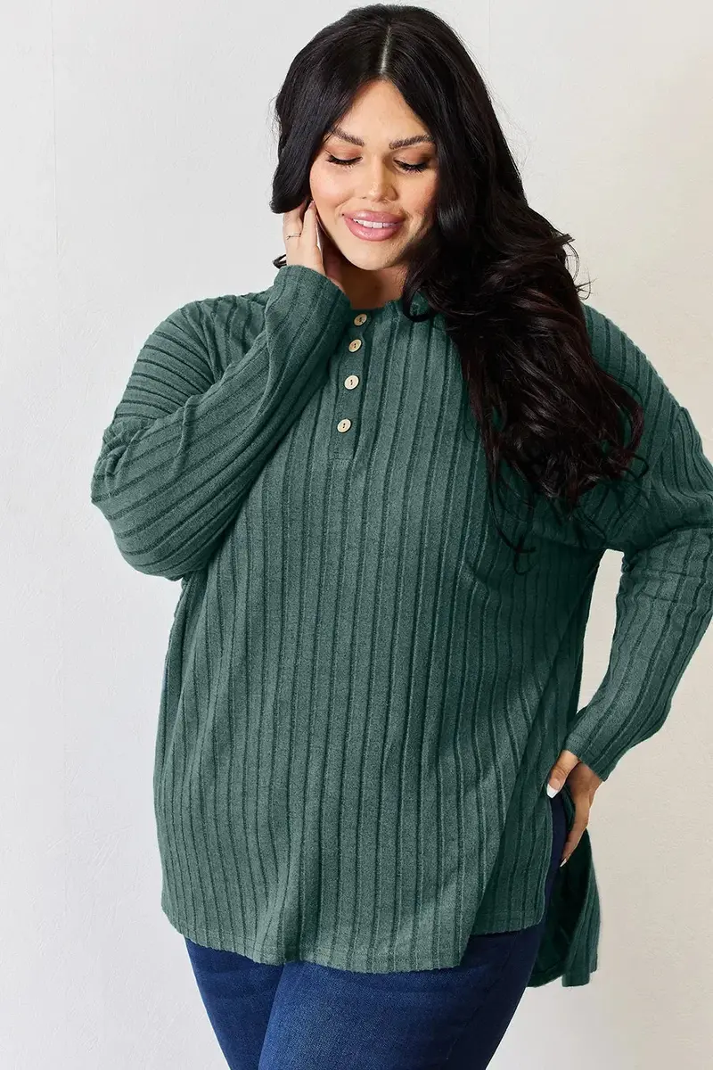 Ribbed Half Button Long Sleeve High-Low T-Shirt 14