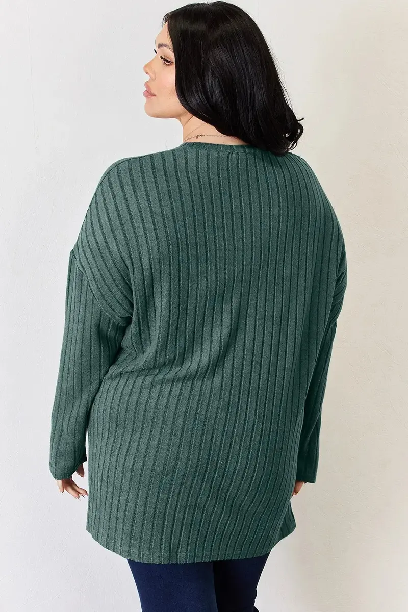 Ribbed Half Button Long Sleeve High-Low T-Shirt 15