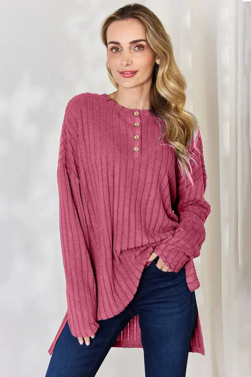 Ribbed Half Button Long Sleeve High-Low T-Shirt 16
