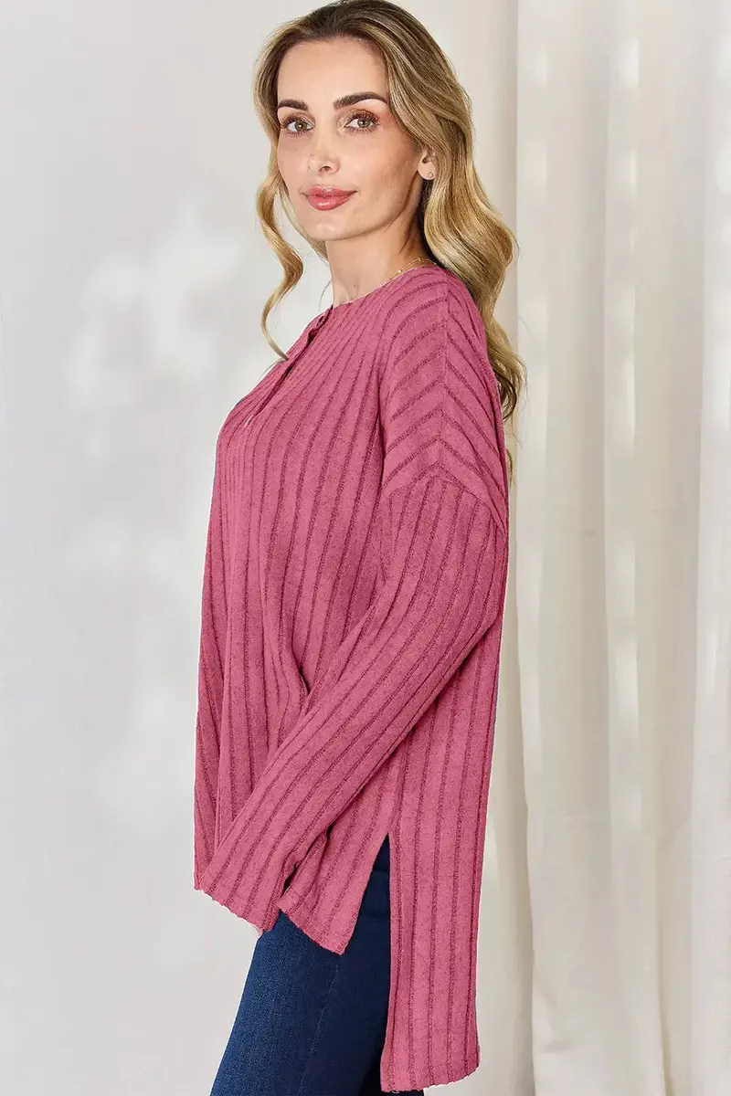 Ribbed Half Button Long Sleeve High-Low T-Shirt 17