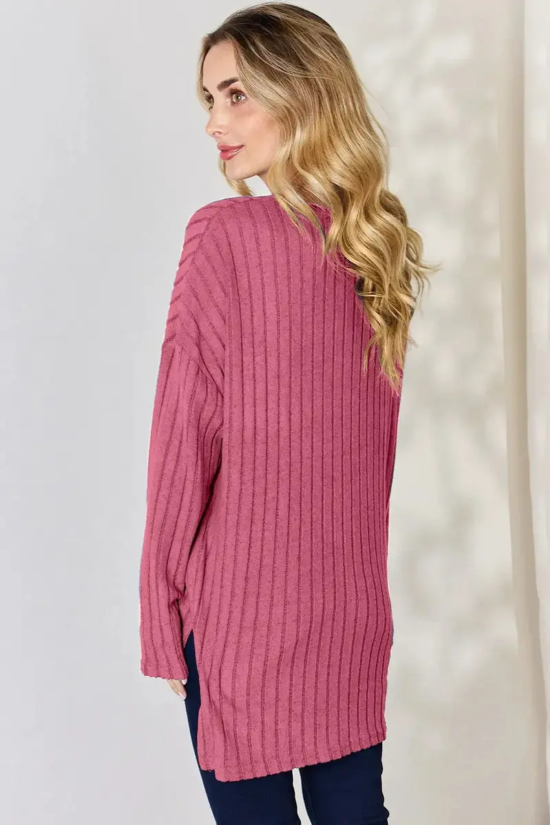 Ribbed Half Button Long Sleeve High-Low T-Shirt 18
