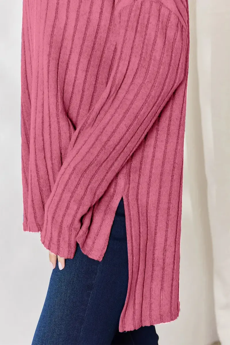 Ribbed Half Button Long Sleeve High-Low T-Shirt 19