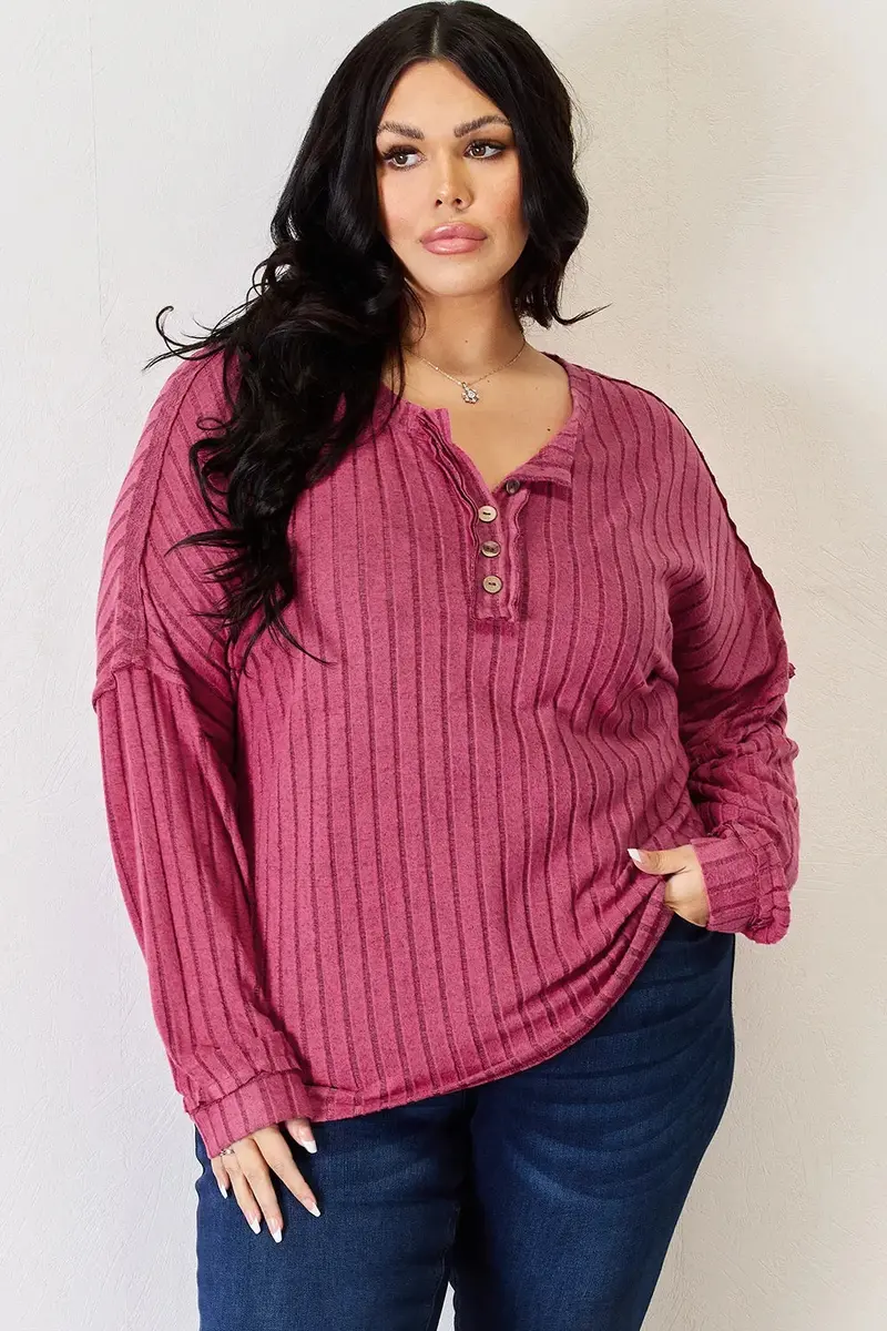 Ribbed Half Button Long Sleeve High-Low T-Shirt 20