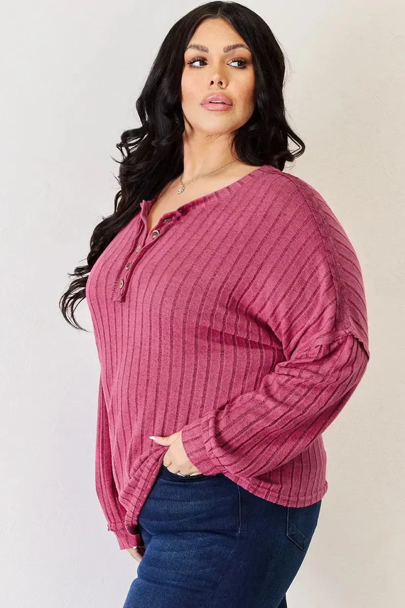 Ribbed Half Button Long Sleeve High-Low T-Shirt 21