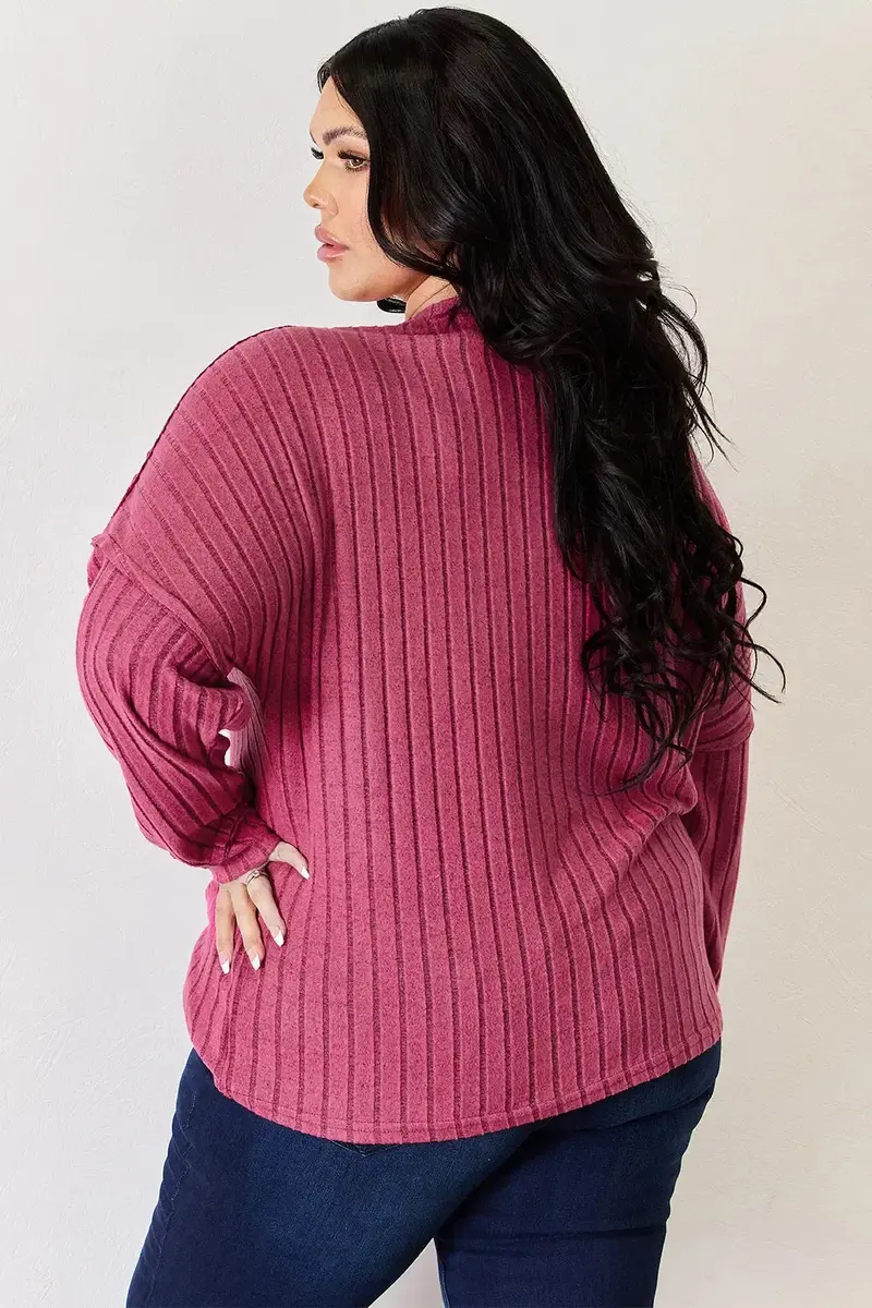 Ribbed Half Button Long Sleeve High-Low T-Shirt 22