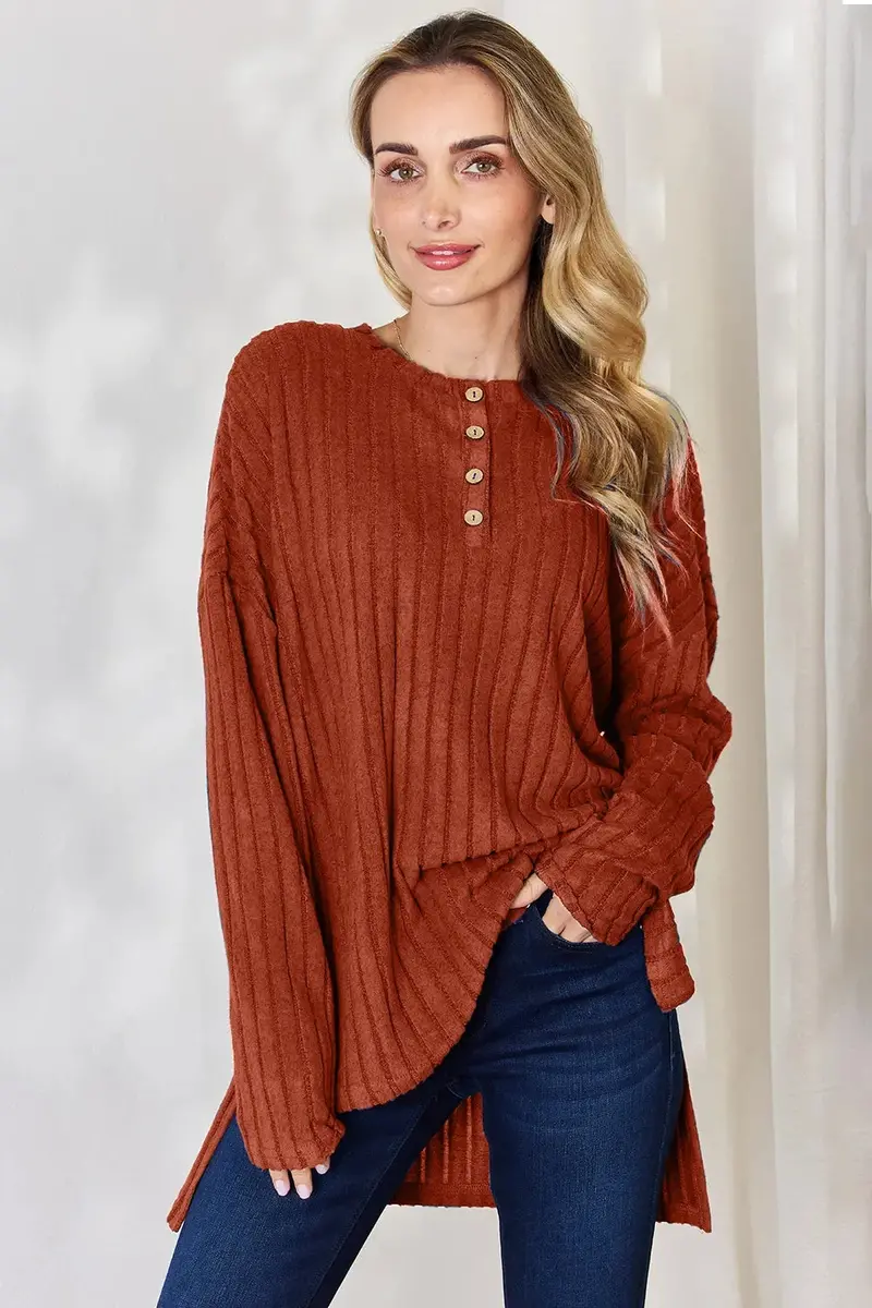 Ribbed Half Button Long Sleeve High-Low T-Shirt 23