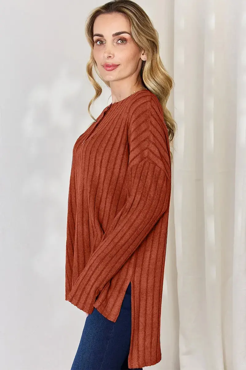 Ribbed Half Button Long Sleeve High-Low T-Shirt 24