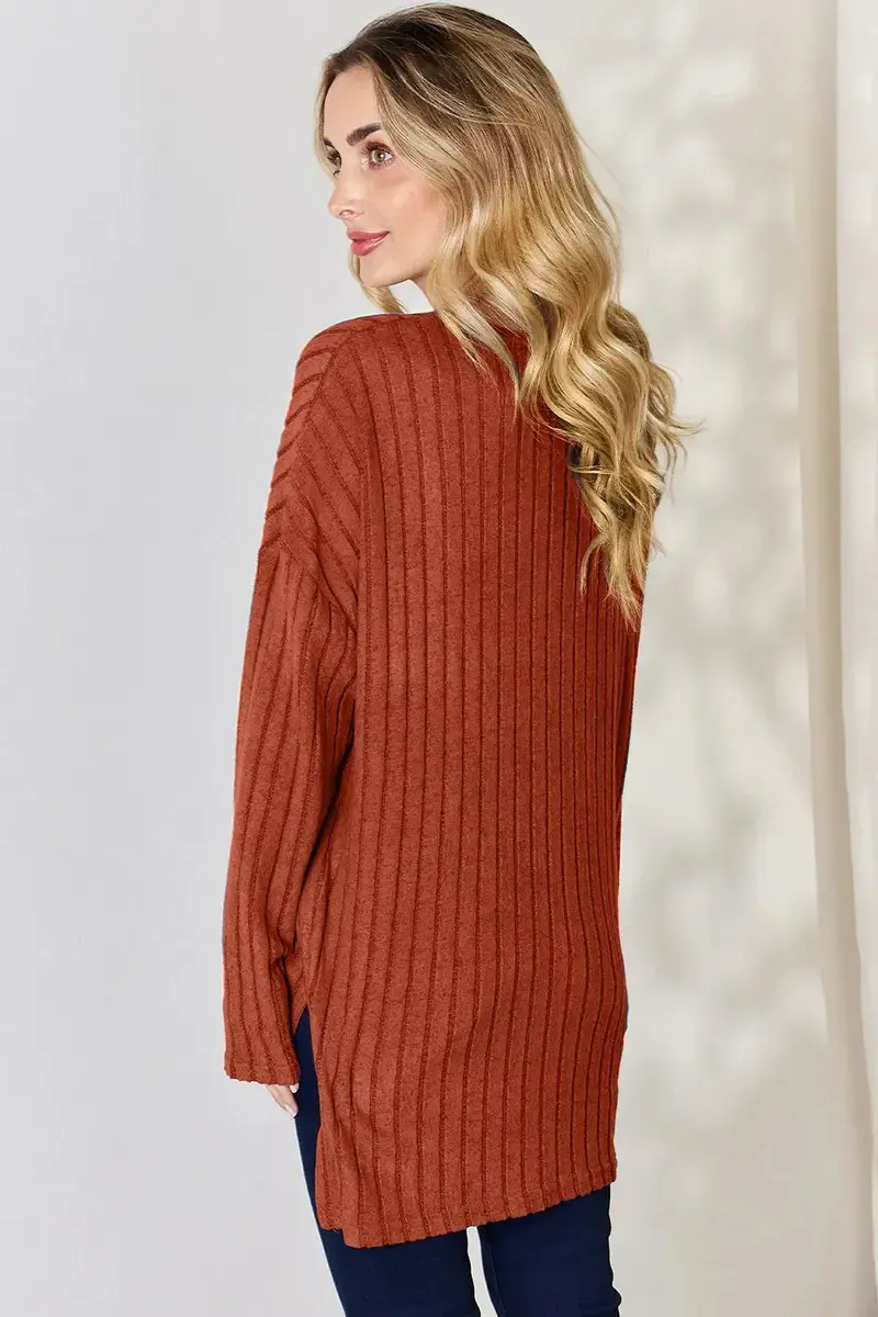 Ribbed Half Button Long Sleeve High-Low T-Shirt 25