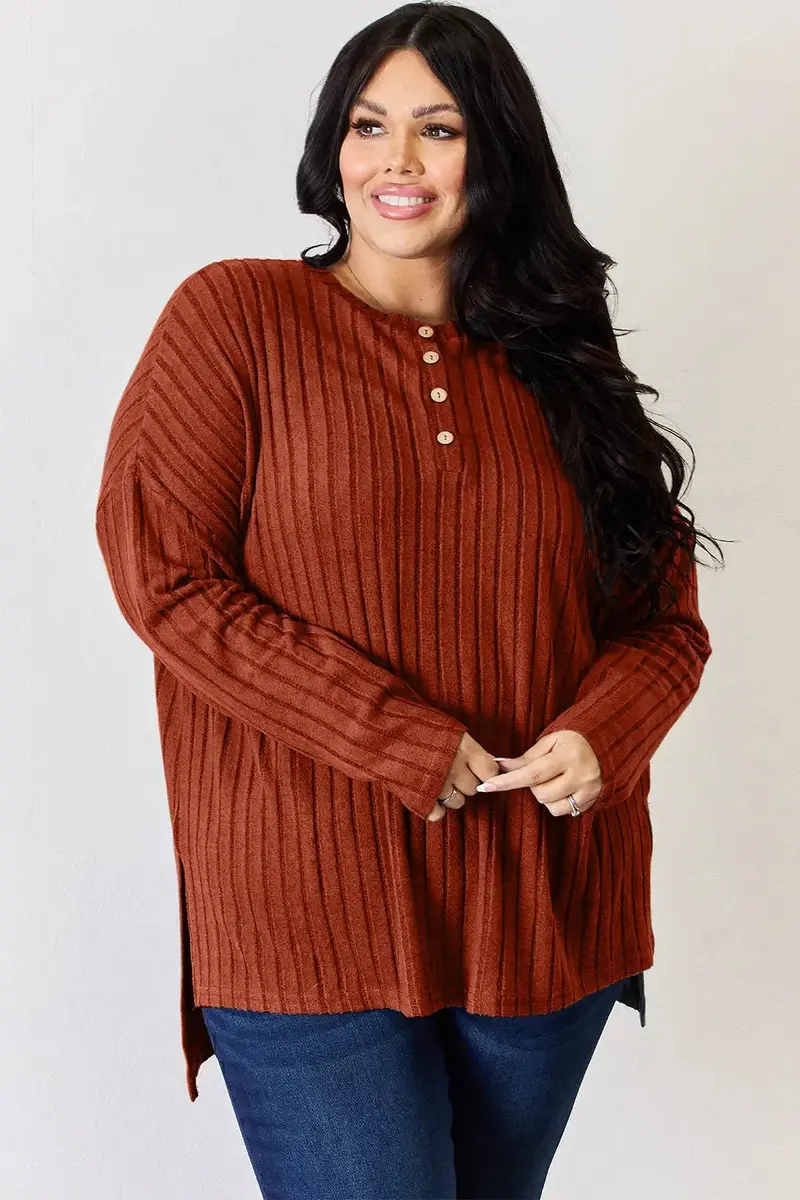 Ribbed Half Button Long Sleeve High-Low T-Shirt 26
