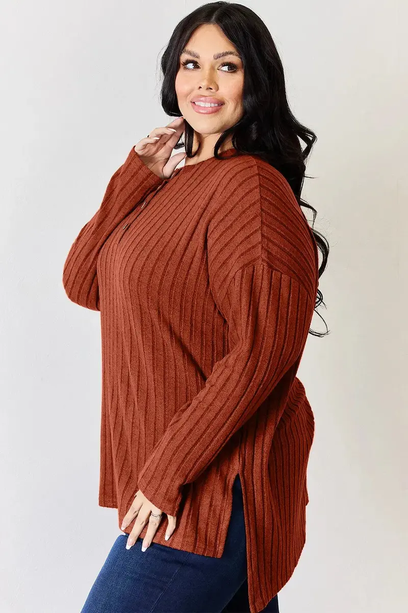 Ribbed Half Button Long Sleeve High-Low T-Shirt 27