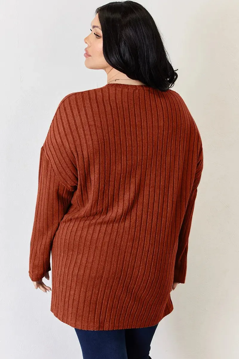 Ribbed Half Button Long Sleeve High-Low T-Shirt 28