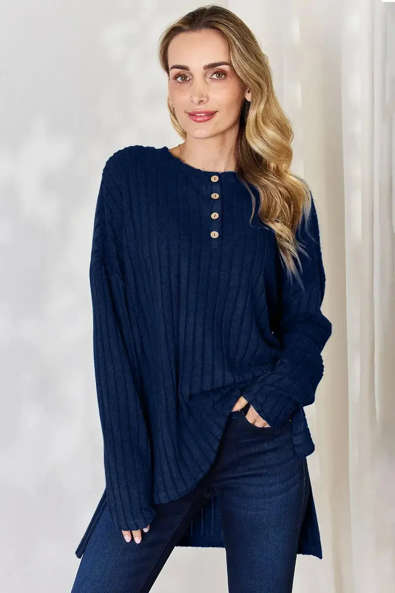 Ribbed Half Button Long Sleeve High-Low T-Shirt 29