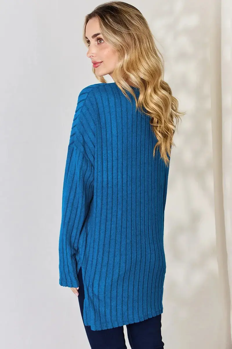 Ribbed Half Button Long Sleeve High-Low T-Shirt 3