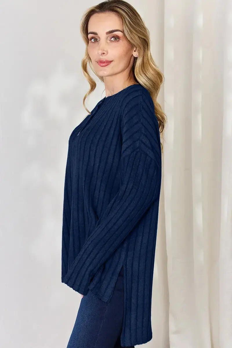 Ribbed Half Button Long Sleeve High-Low T-Shirt 30