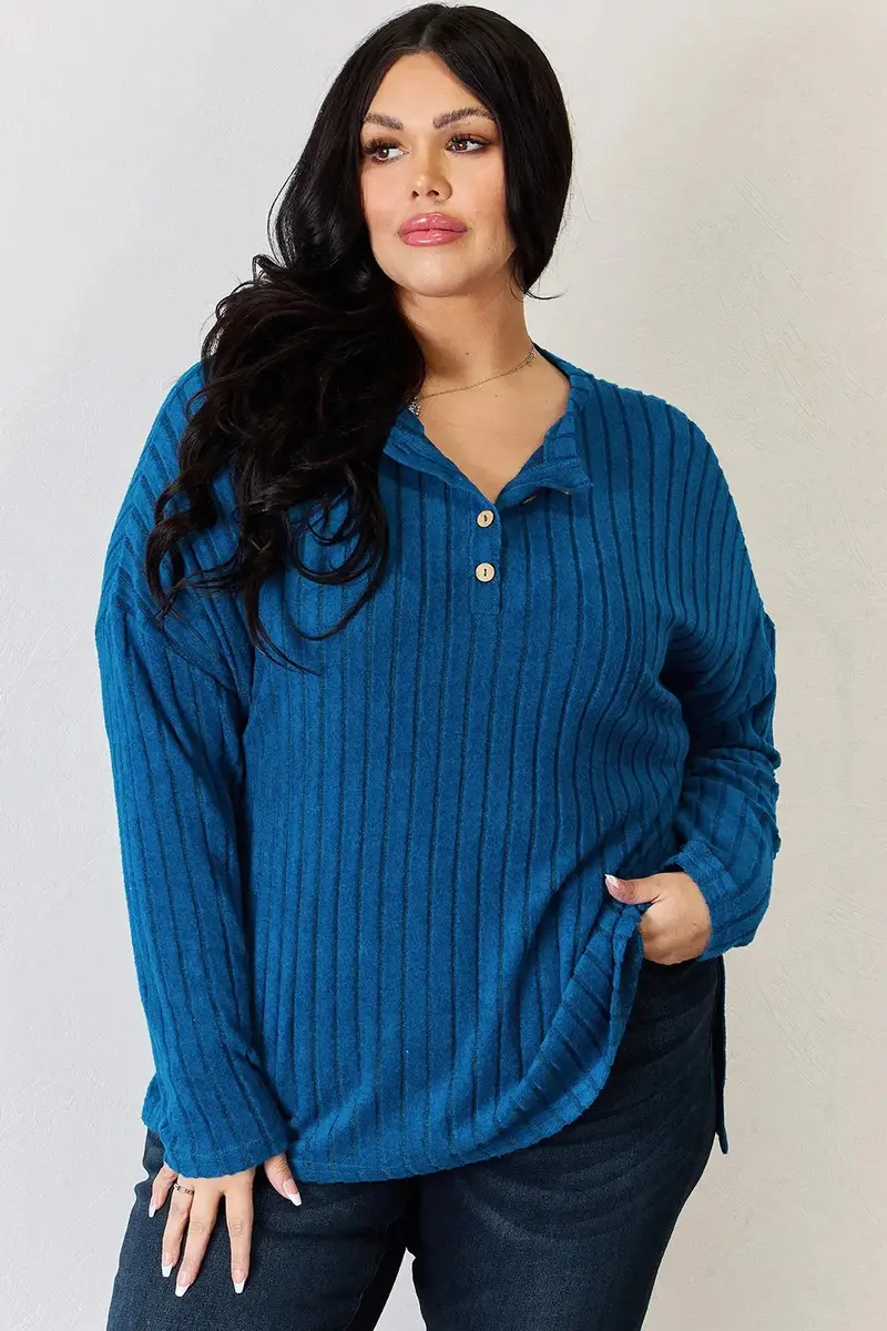 Ribbed Half Button Long Sleeve High-Low T-Shirt 4