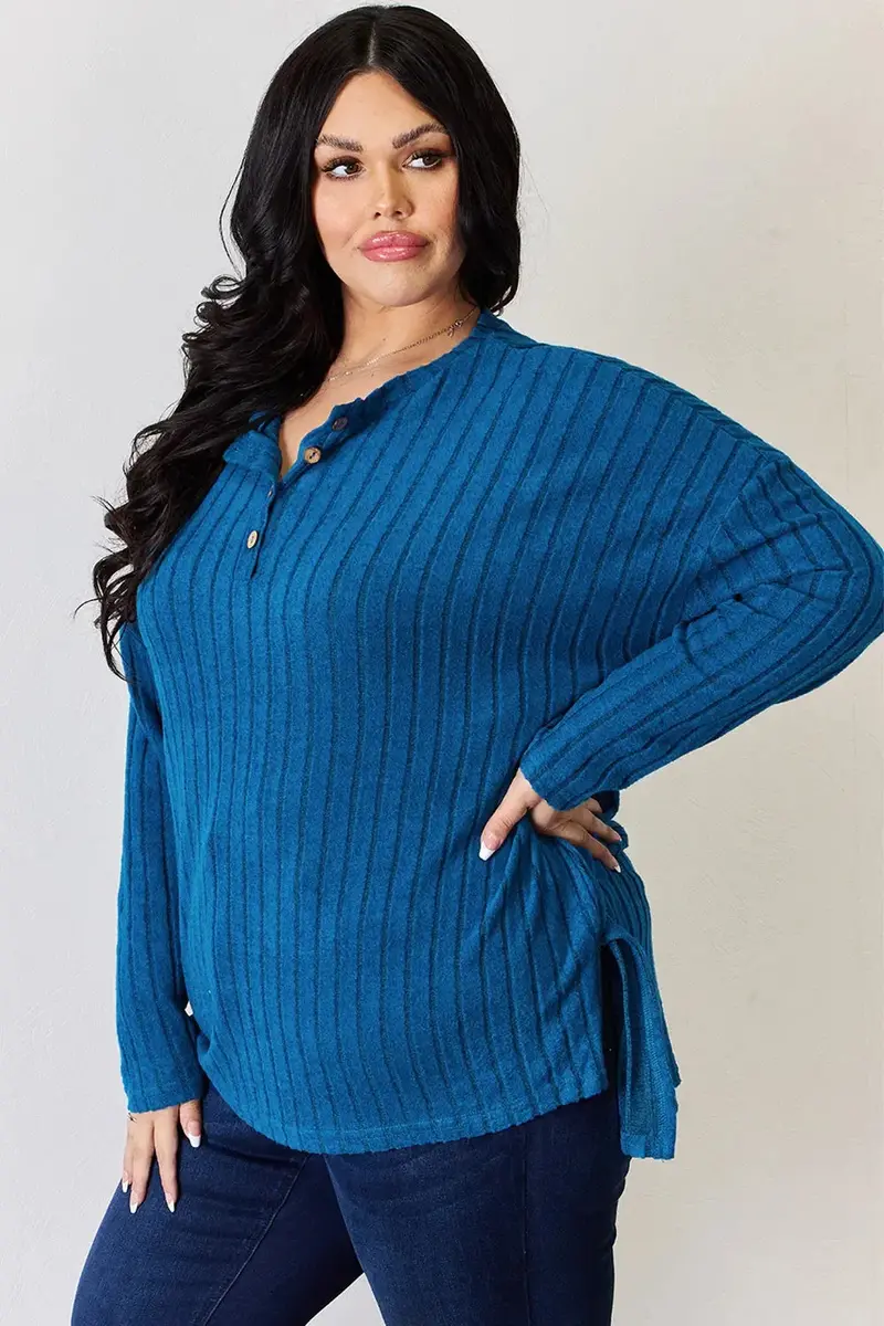 Ribbed Half Button Long Sleeve High-Low T-Shirt 5