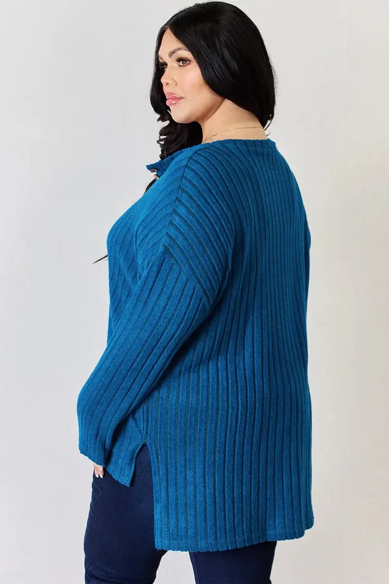 Ribbed Half Button Long Sleeve High-Low T-Shirt 7